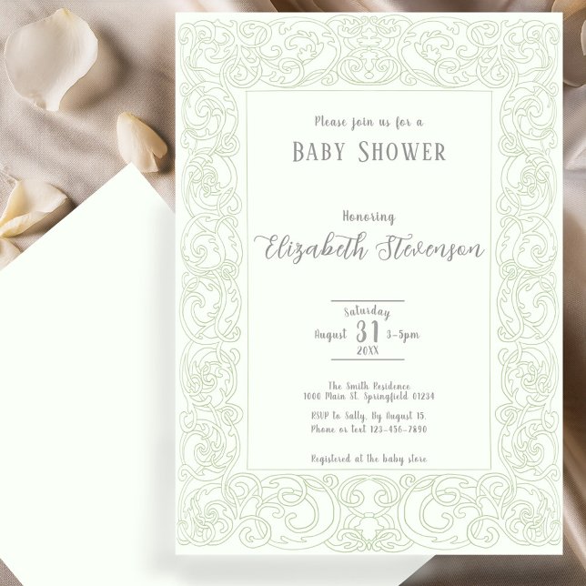 Elegant Sage Green Scrollwork Baby Shower  Invitation (Creator Uploaded)