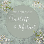 Elegant Sage Green Signature Wedding Thank You Classic Round Sticker<br><div class="desc">Featuring signature style names,  this elegant sage green sticker can be personalised with your special thank you information in chic white lettering. Designed by Thisisnotme©</div>