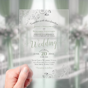 Elegant Sage Green & Silver Calligraphy Wedding Acrylic Invitations