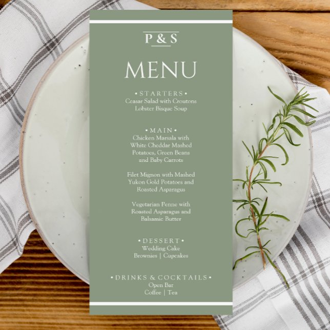 Elegant Sage Green Simple Monogram Dinner Wedding Menu (Creator Uploaded)