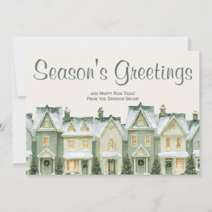 Elegant Sage Green Snowy Village Business Holiday Card