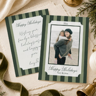 Elegant Sage Green Stripe Photo Christmas Holiday Card
