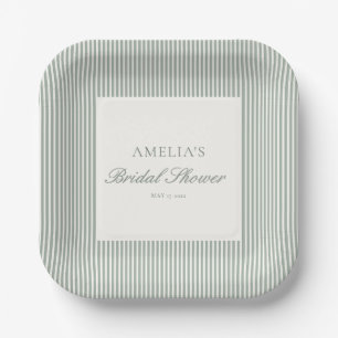Elegant Sage Green Stripe Script Bridal Shower Paper Plate