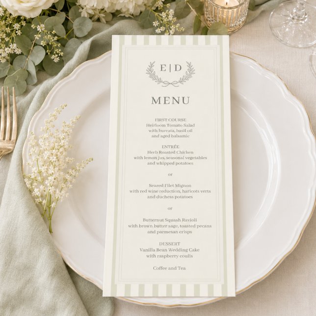 Elegant Sage Green Striped Monogram Wedding Menu (Creator Uploaded)