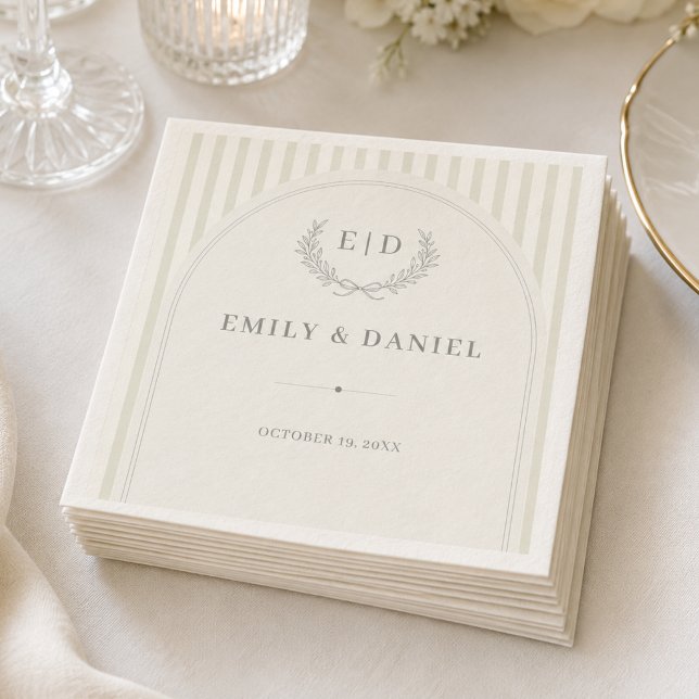 Elegant Sage Green Striped Monogram Wedding Napkin (Creator Uploaded)