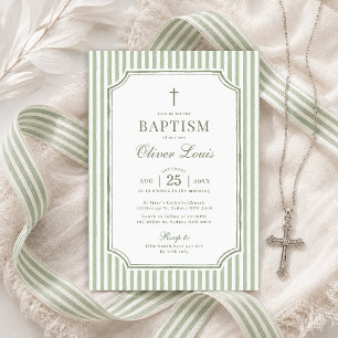 Elegant Sage Green Stripes Boy Girl Baptism Invitation