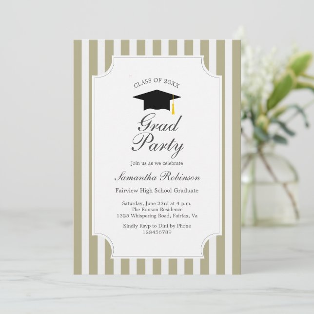 Elegant Sage green Stripes Graduation Party Invitation (Standing Front)