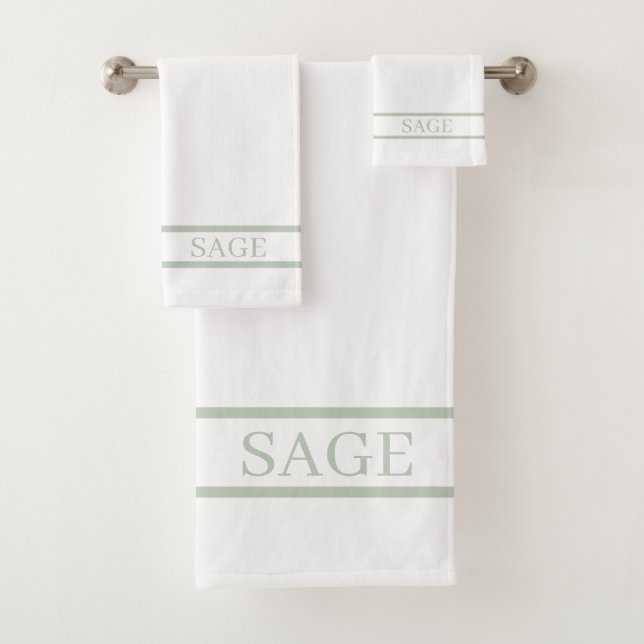 Elegant Sage Green Stripes on White Bath Towel Set (Insitu)