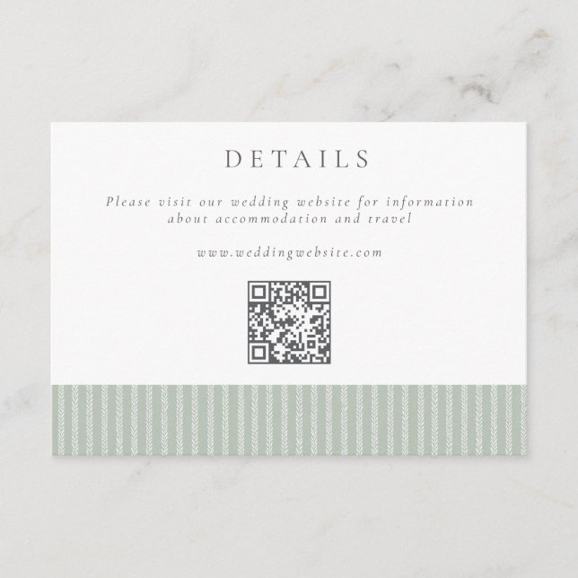Elegant Sage Green Stripes QR Code Wedding Details Enclosure Card (Front)