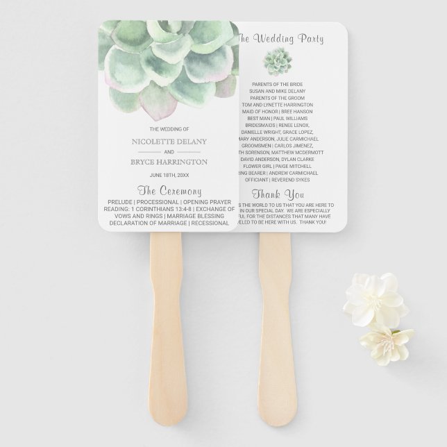 Elegant Sage Green Succulent Wedding Program Hand Fan (Front and Back)