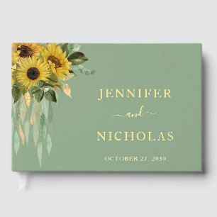 Elegant Sage Green Sunflower Wedding Gold Guest Book