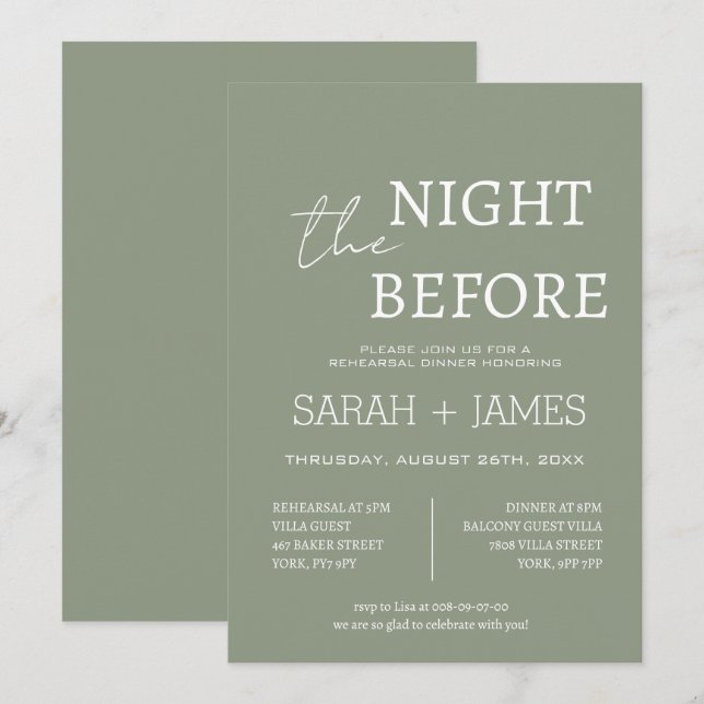 Elegant Sage Green the Night Before Dinner Wedding Invitation (Front/Back)
