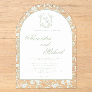 Elegant Sage Green Toile Floral Monogram Wedding Acrylic Invitations