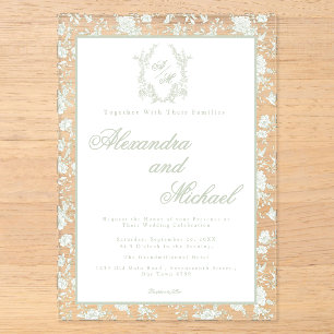Elegant Sage Green Toile Floral Monogram Wedding Acrylic Invitations