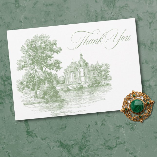 Elegant Sage Green Toile French Manor Wedding Thank You Card (Elegant Sage Green Toile French Manor Wedding Thank You Card)