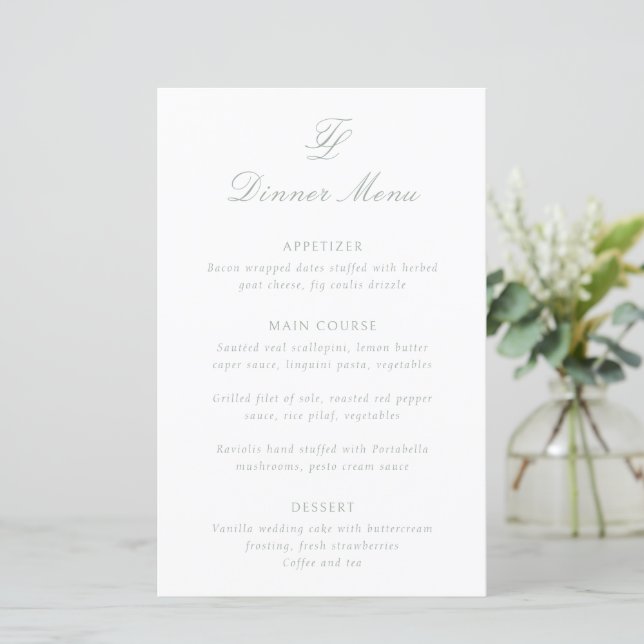 Elegant Sage Green Traditional Wedding Menu (Standing Front)