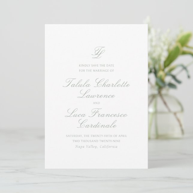 Elegant Sage Green Traditional Wedding Save The Date (Standing Front)
