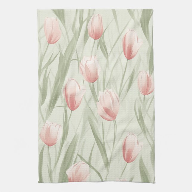 Elegant sage green tulip patten tea towel (Vertical)