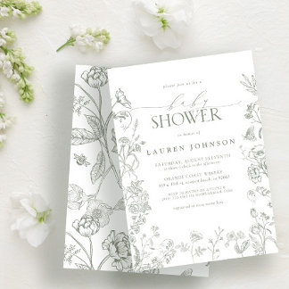 Elegant Sage Green Victorian Floral Baby Shower Invitation