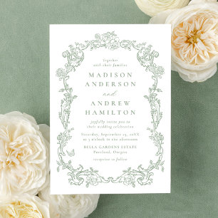 Elegant Sage Green Victorian Floral Frame Wedding Invitation
