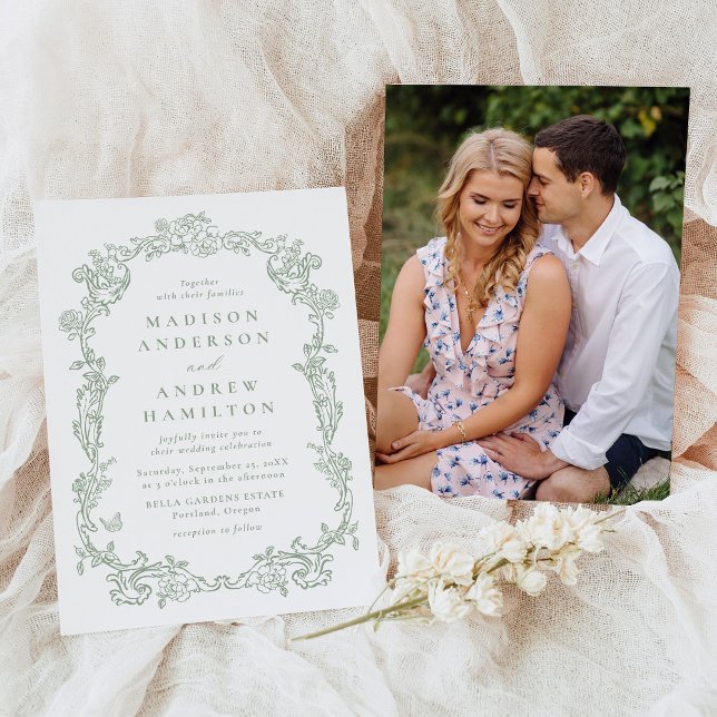 Elegant Sage Green Victorian Floral Photo Wedding Invitation (Creator Uploaded)