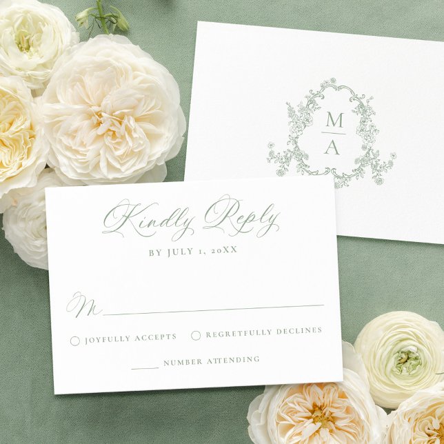 Elegant Sage Green Victorian Floral Wedding RSVP Card (Creator Uploaded)