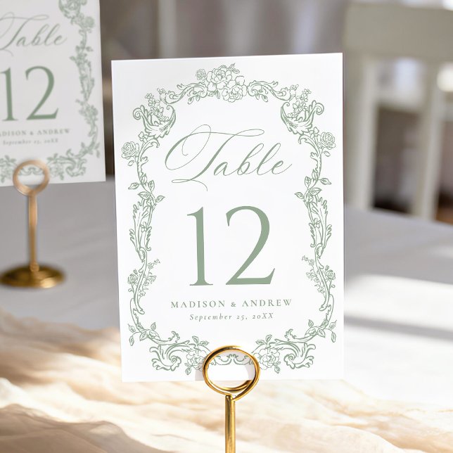 Elegant Sage Green Victorian Floral Wedding Table Number (Creator Uploaded)
