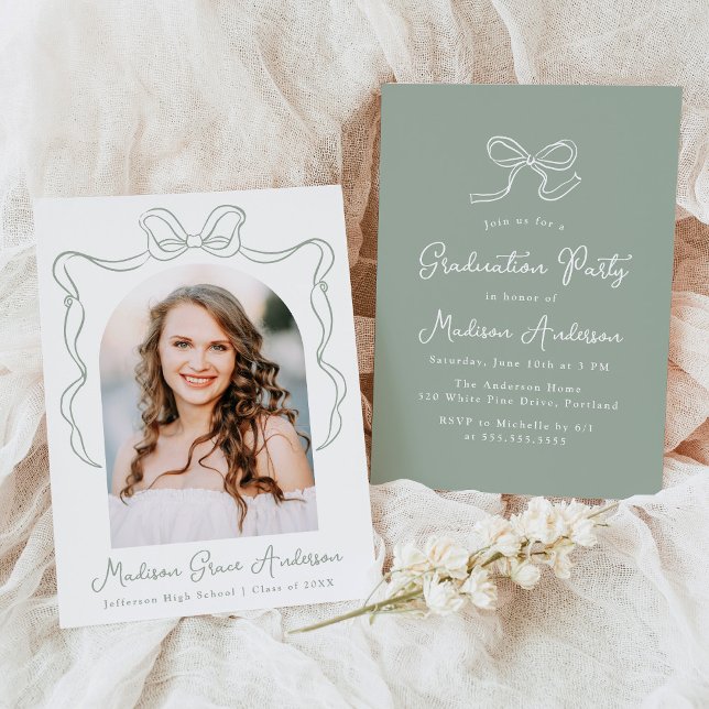 Elegant Sage Green Vintage Bow Graduation Party Invitation (Creator Uploaded)