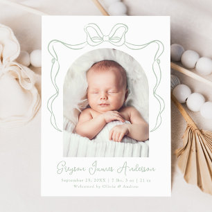 Elegant Sage Green Vintage Bow Photo Birth Announcement
