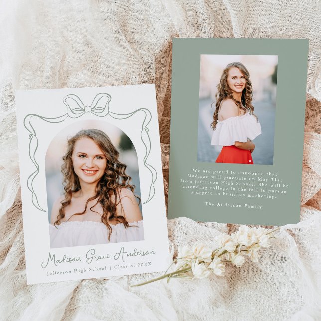 Elegant Sage Green Vintage Bow Photo Graduation Announcement (Creator Uploaded)