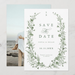 Elegant Sage Green Vintage Classic Floral Wedding Save The Date