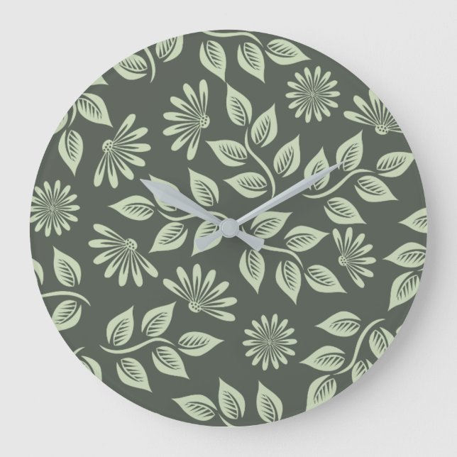 Elegant Sage Green Vintage Floral Large Clock (Front)