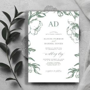 Elegant sage green vintage floral wedding invitation