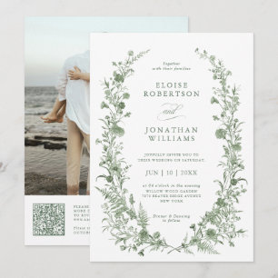 Elegant Sage Green Vintage Photo QR Code Wedding Invitation