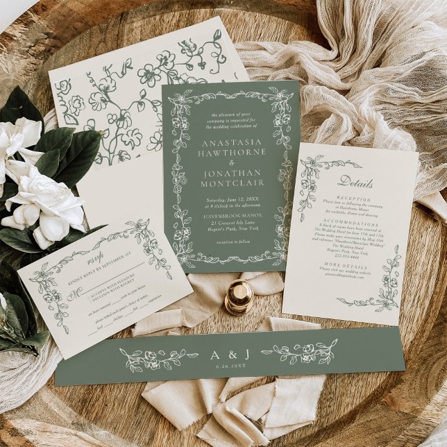 Elegant Sage Green Vintage Victorian Wedding Invitation (Creator Uploaded)