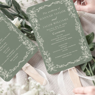 Elegant Sage Green Vintage Wedding Program Hand Fan