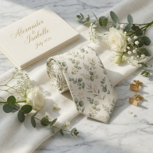 Elegant Sage Green Watercolor Eucalyptus Tie
