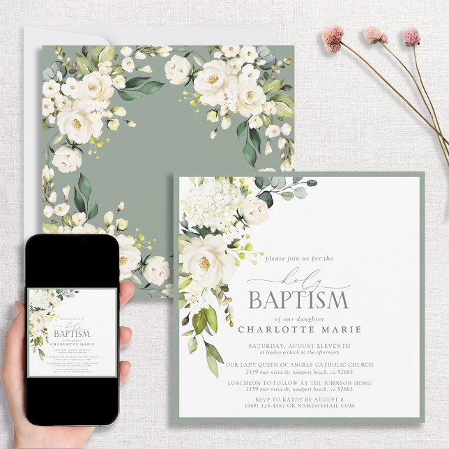 Elegant Sage Green Watercolor Floral Baptism Invitation (Creator Uploaded)