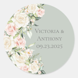 Elegant Sage Green Watercolor Floral Wedding Classic Round Sticker