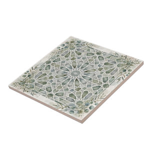 Elegant Sage Green Watercolor Moroccan Zellij Tile