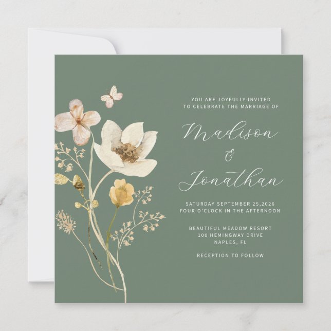 Elegant Sage Green Watercolor Wildflower Wedding  Invitation (Front)