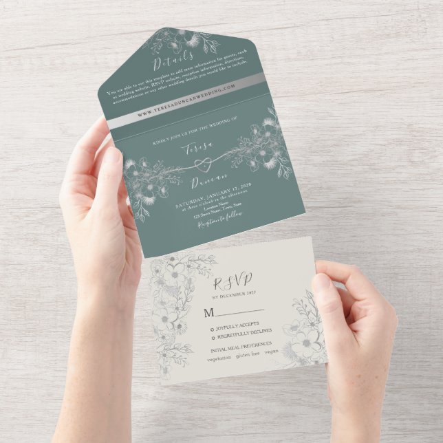 Elegant Sage Green Wedding All In One Invitation (Tearaway)