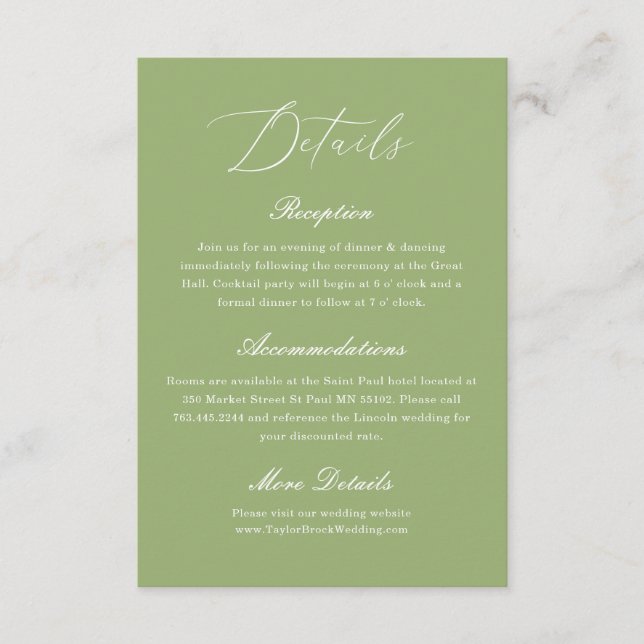 Elegant Sage Green Wedding Details Enclosure Card (Front)