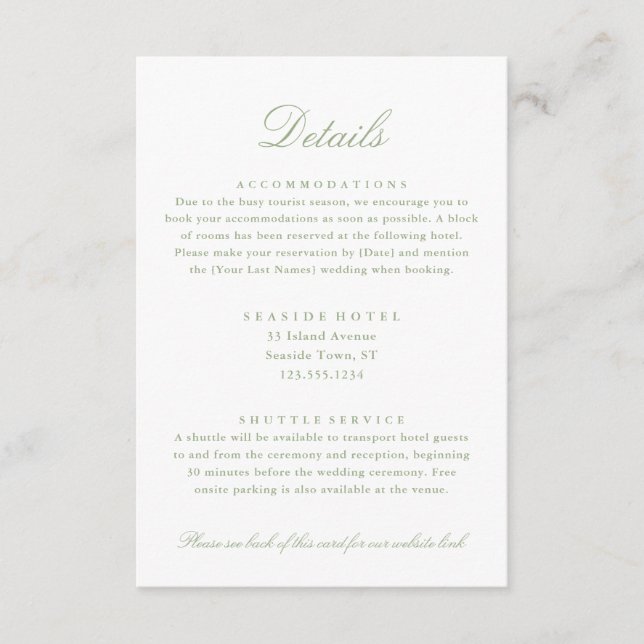 Elegant Sage Green Wedding Details Hotel Info QR Enclosure Card (Front)