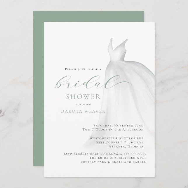 Elegant Sage Green Wedding Dress Bridal Shower Invitation (Front/Back)