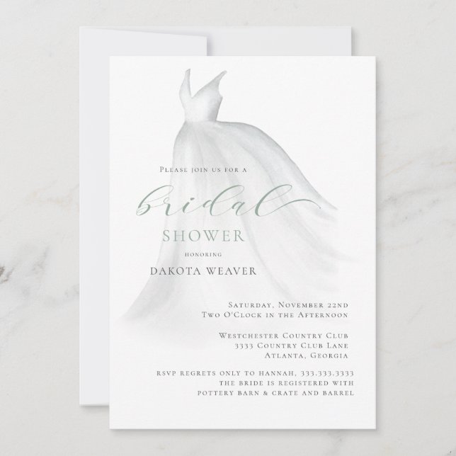 Elegant Sage Green Wedding Dress Bridal Shower Invitation (Front)