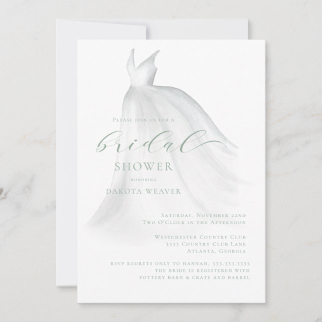 Elegant Sage Green Wedding Dress Bridal Shower Invitation (Front)