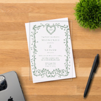 Elegant Sage Green Wedding French Frame Heart Acrylic Invitations