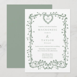Elegant Sage Green Wedding French Frame Heart Invitation
