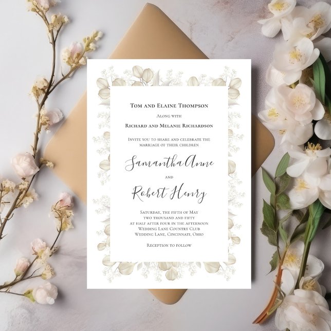 Elegant Sage Green Wedding Greenery  Invitation (Simple and elegant sage green and cream foliage wedding invitation.)